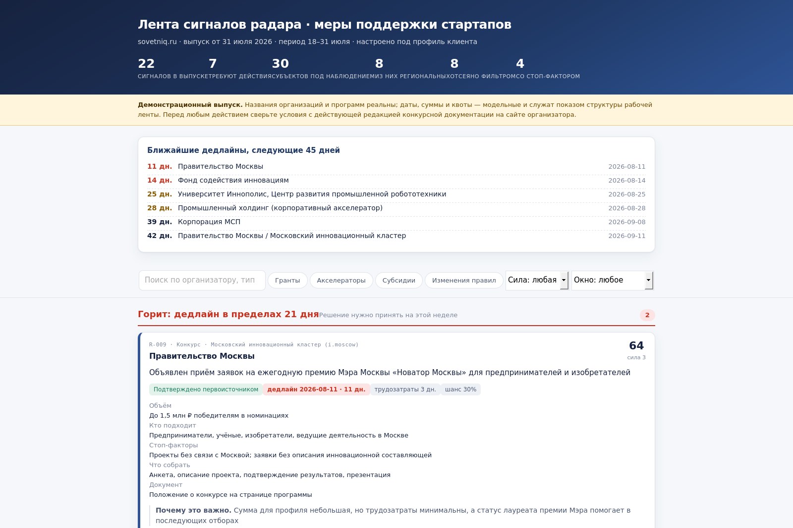 Пример: Лента сигналов радара